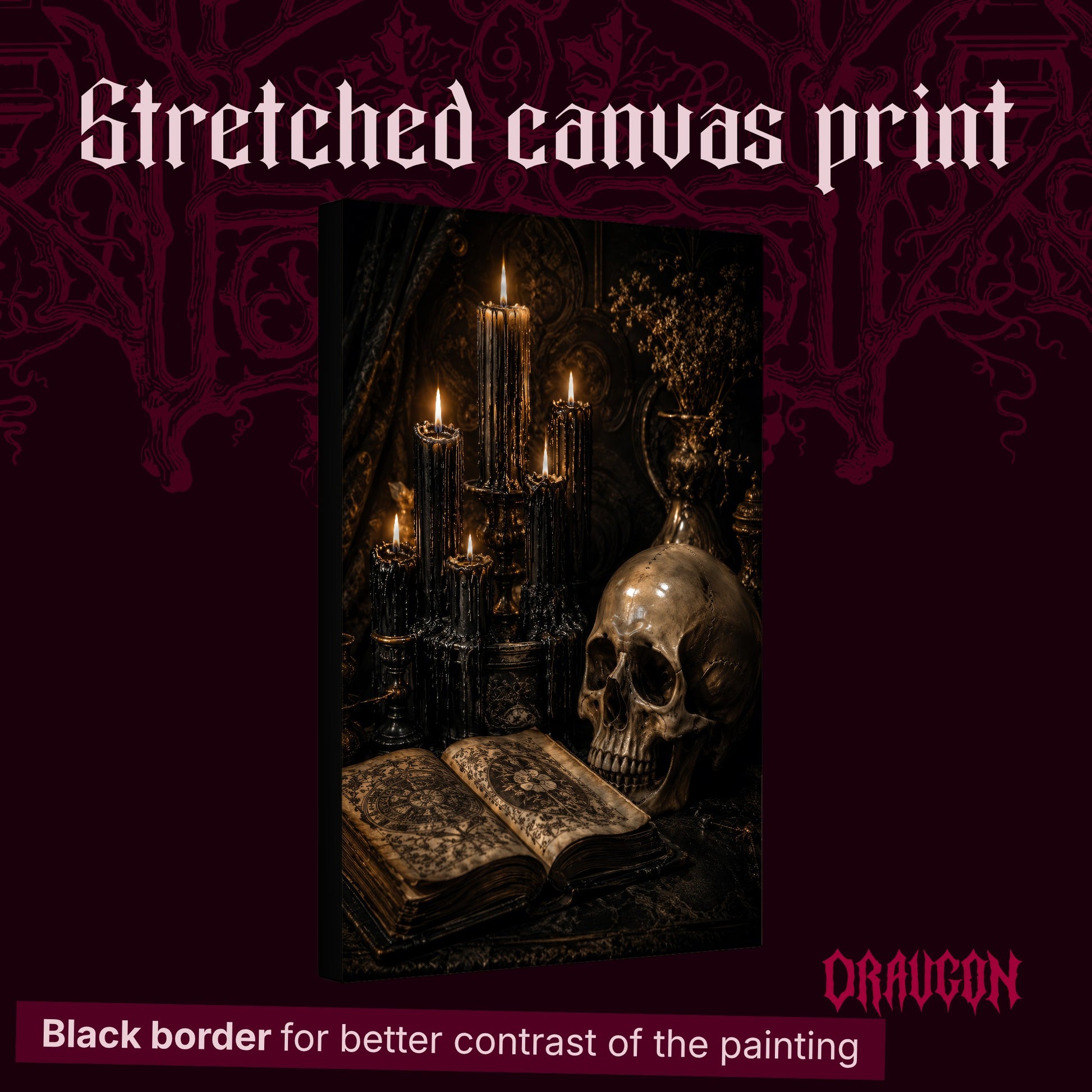 The Black Hours shown as a gallery-wrapped stretched canvas angled to reveal its depth and black border, with the Draugon wordmark and the caption Black border for better contrast of the painting.
