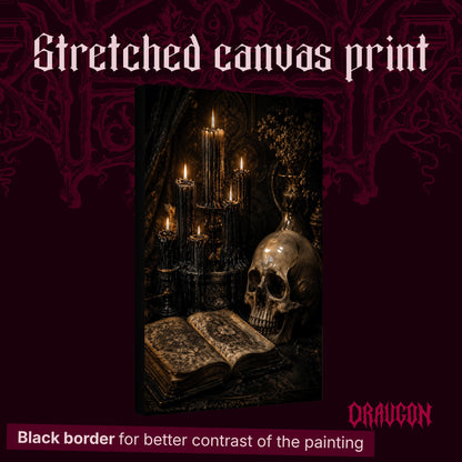 The Black Hours shown as a gallery-wrapped stretched canvas angled to reveal its depth and black border, with the Draugon wordmark and the caption Black border for better contrast of the painting.
