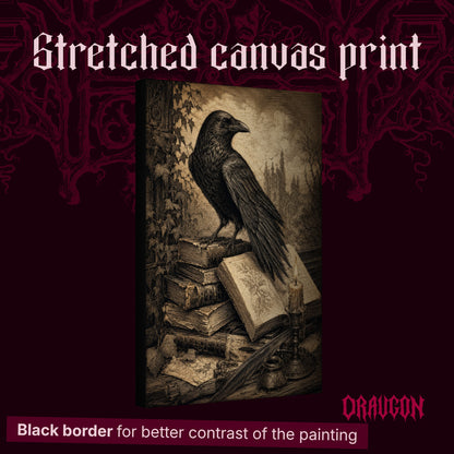 Muninn's Vigil shown as a gallery-wrapped stretched canvas angled to reveal its depth and black border, with the Draugon wordmark and the caption Black border for better contrast of the painting.