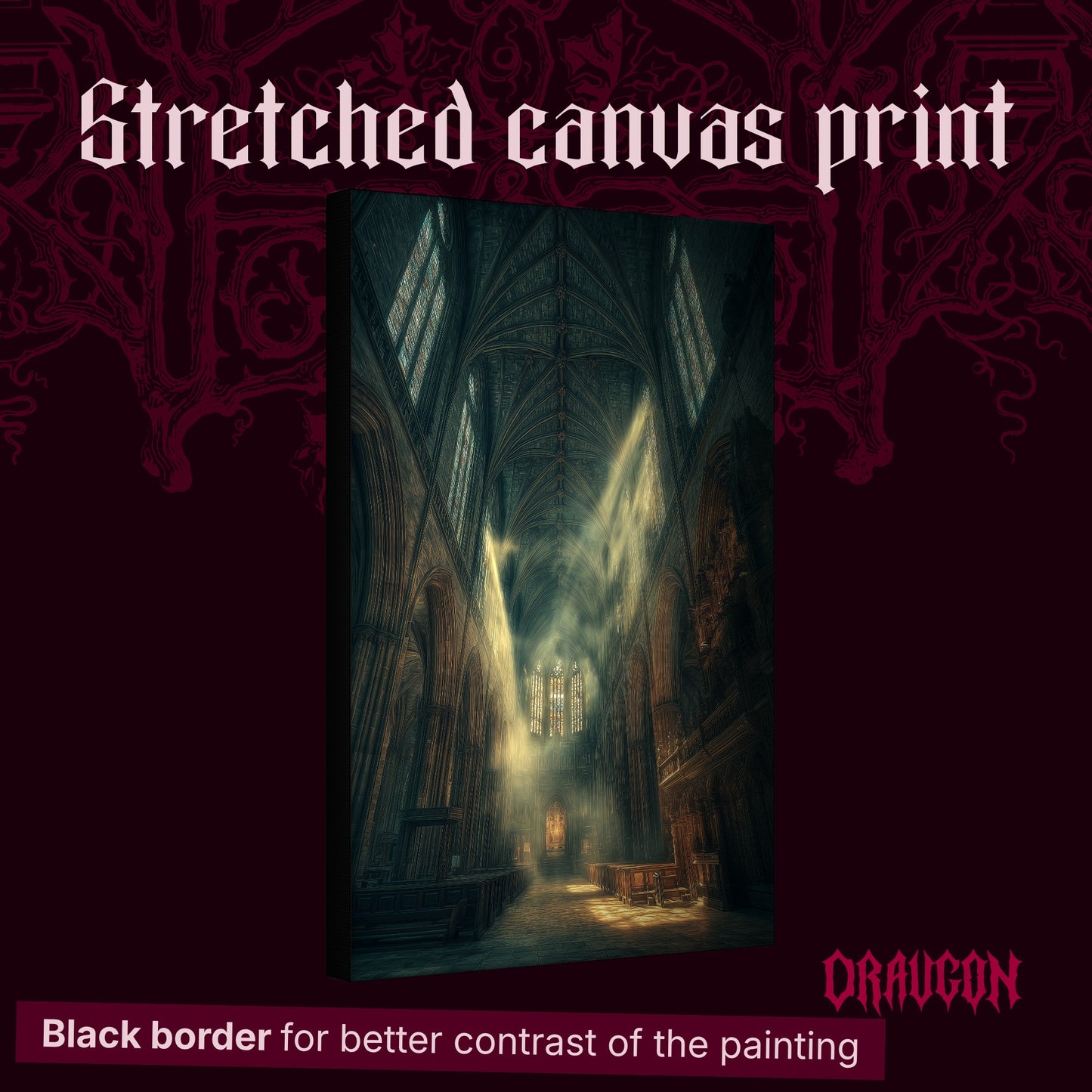Compline shown as a gallery-wrapped stretched canvas angled to reveal its depth and black border, with the Draugon wordmark and the caption Black border for better contrast of the painting.