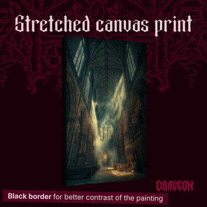 Compline shown as a gallery-wrapped stretched canvas angled to reveal its depth and black border, with the Draugon wordmark and the caption Black border for better contrast of the painting.