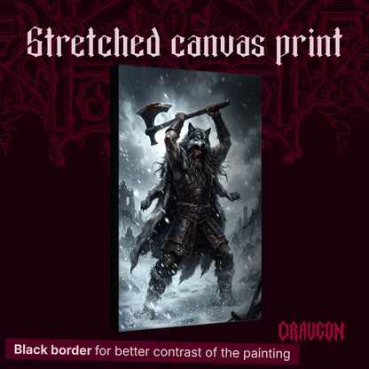 Berserker Rage shown as a gallery-wrapped stretched canvas angled to reveal its depth and black border, with the Draugon wordmark and the caption Black border for better contrast of the painting.