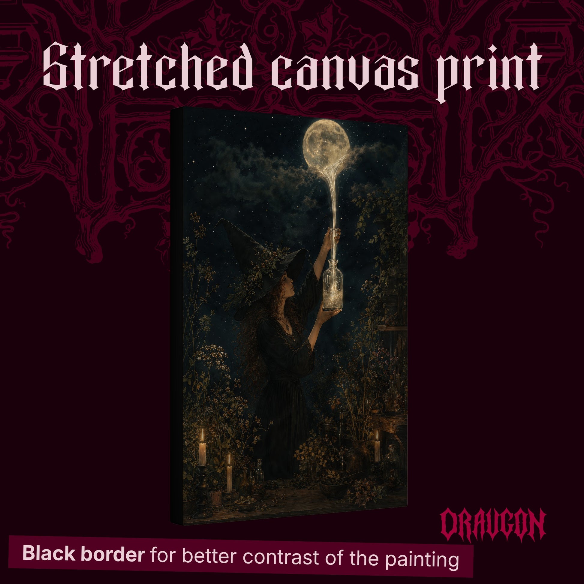Moonfall shown as a gallery-wrapped stretched canvas angled to reveal its depth and black border, with the Draugon wordmark and the caption Black border for better contrast of the painting.