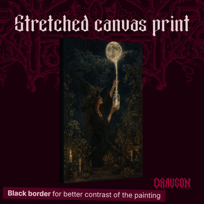 Moonfall shown as a gallery-wrapped stretched canvas angled to reveal its depth and black border, with the Draugon wordmark and the caption Black border for better contrast of the painting.