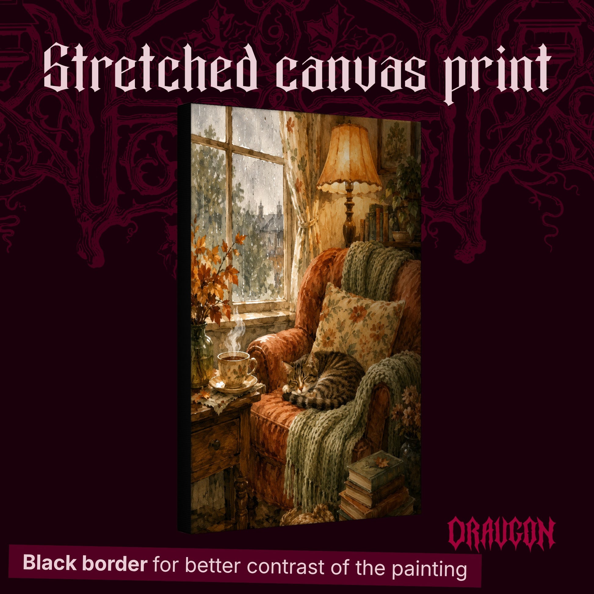 Tabby's Teatime Nap shown as a gallery-wrapped stretched canvas angled to reveal its depth and black border, with the Draugon wordmark and the caption Black border for better contrast of the painting.