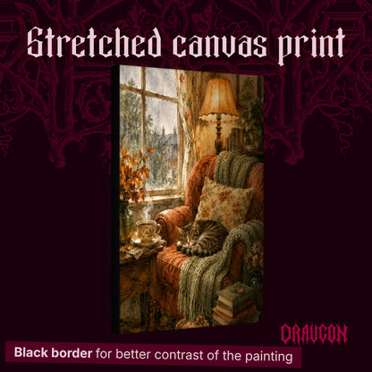 Tabby's Teatime Nap shown as a gallery-wrapped stretched canvas angled to reveal its depth and black border, with the Draugon wordmark and the caption Black border for better contrast of the painting.