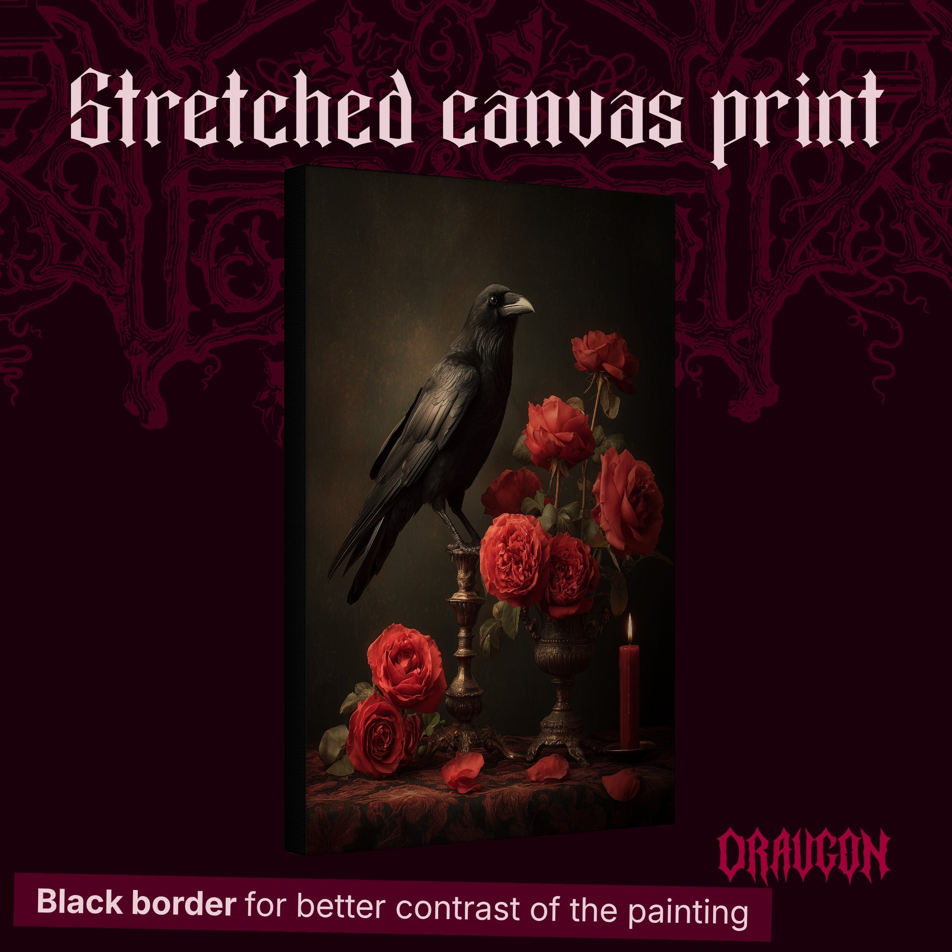 Vermilion shown as a gallery-wrapped stretched canvas angled to reveal its depth and black border, with the Draugon wordmark and the caption Black border for better contrast of the painting.