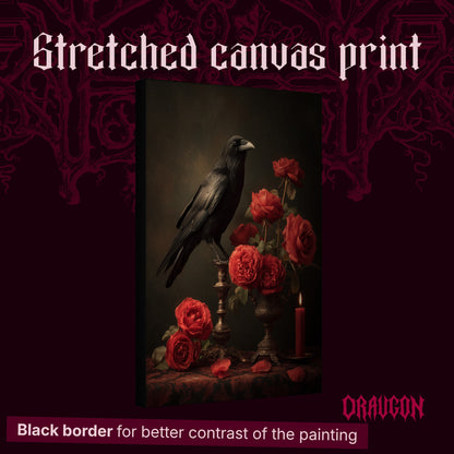Vermilion shown as a gallery-wrapped stretched canvas angled to reveal its depth and black border, with the Draugon wordmark and the caption Black border for better contrast of the painting.