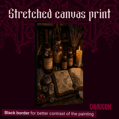 The Still Room shown as a gallery-wrapped stretched canvas angled to reveal its depth and black border, with the Draugon wordmark and the caption Black border for better contrast of the painting.