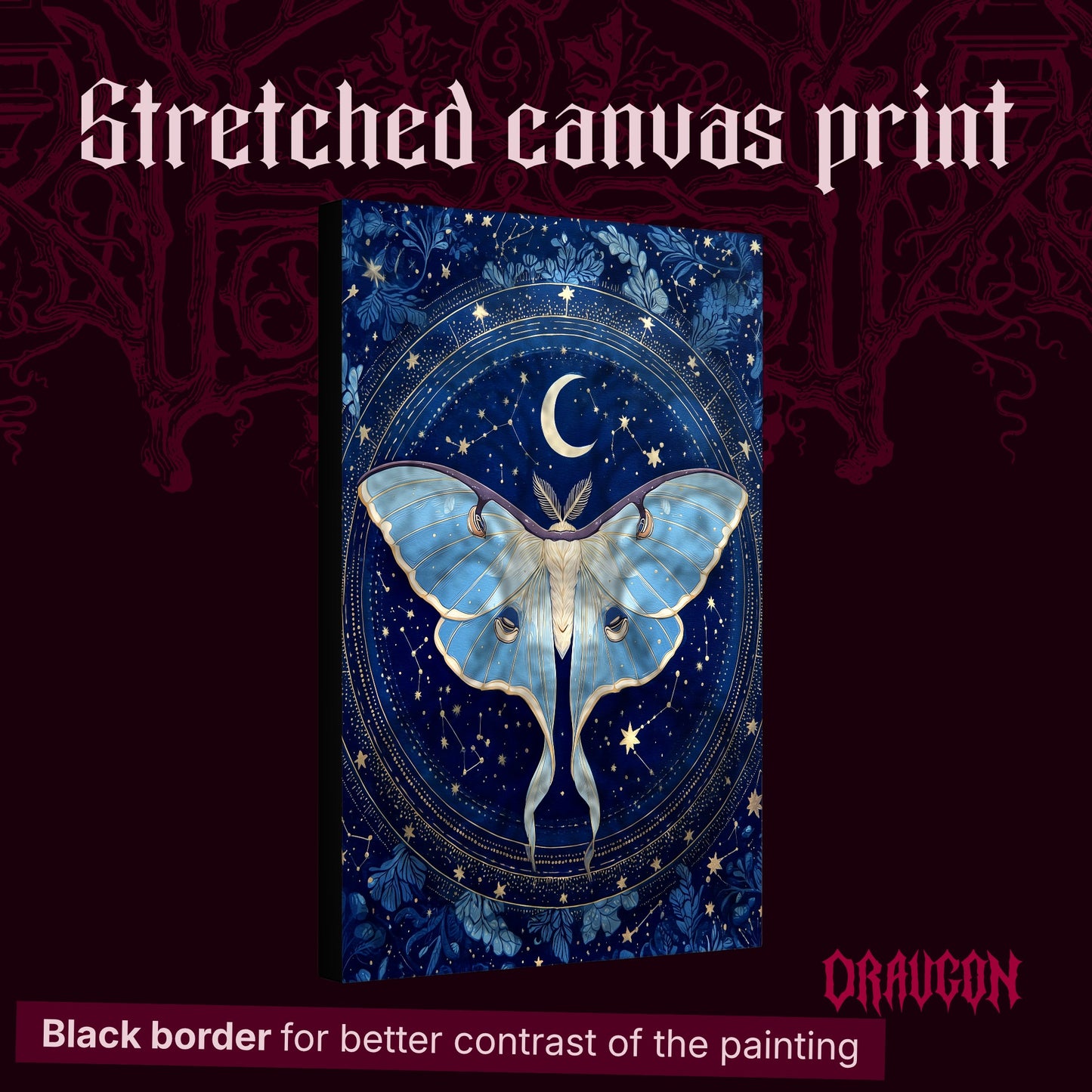 The Blue Hour shown as a gallery-wrapped stretched canvas angled to reveal its depth and black border, with the Draugon wordmark and the caption Black border for better contrast of the painting.
