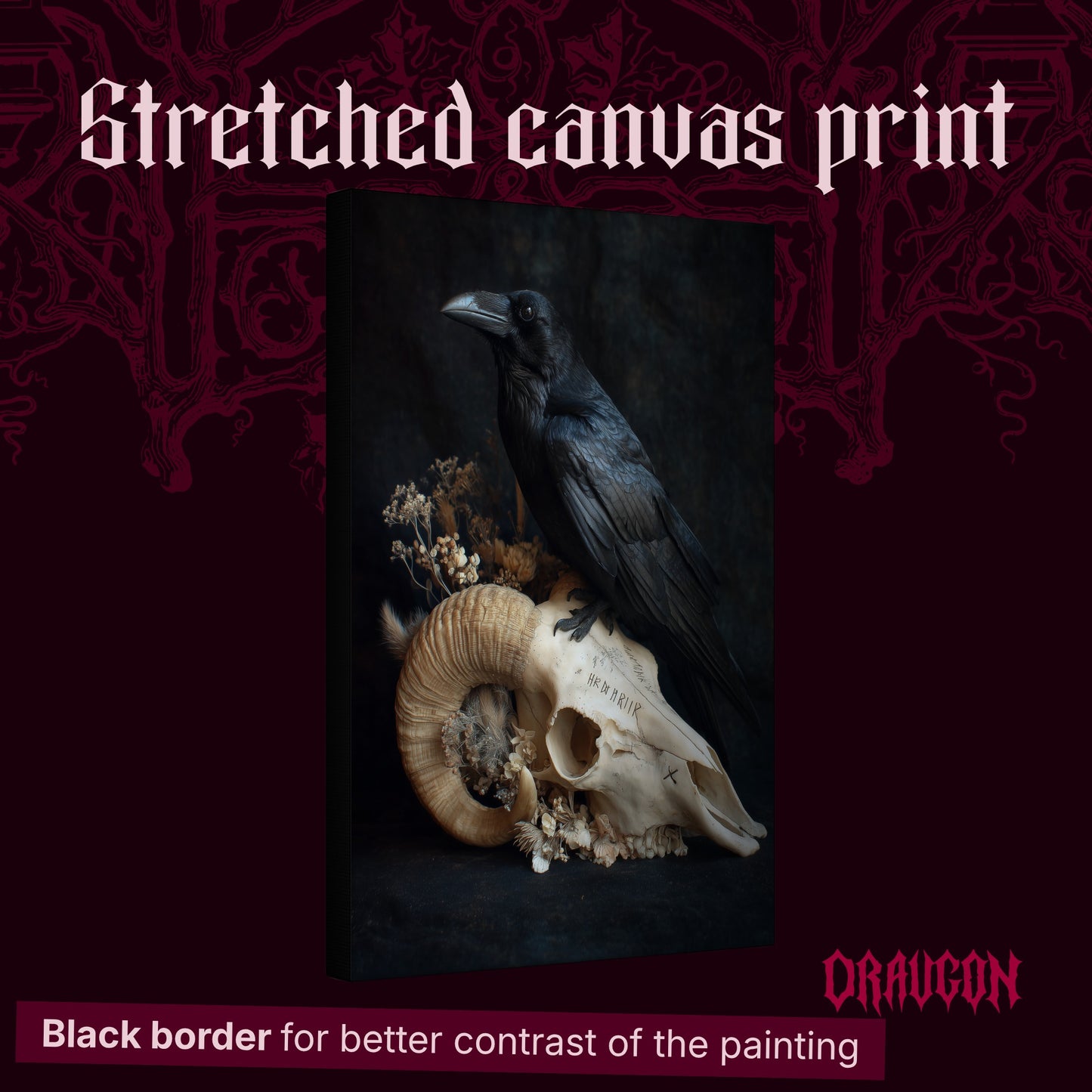 Hel shown as a gallery-wrapped stretched canvas angled to reveal its depth and black border, with the Draugon wordmark and the caption Black border for better contrast of the painting.
