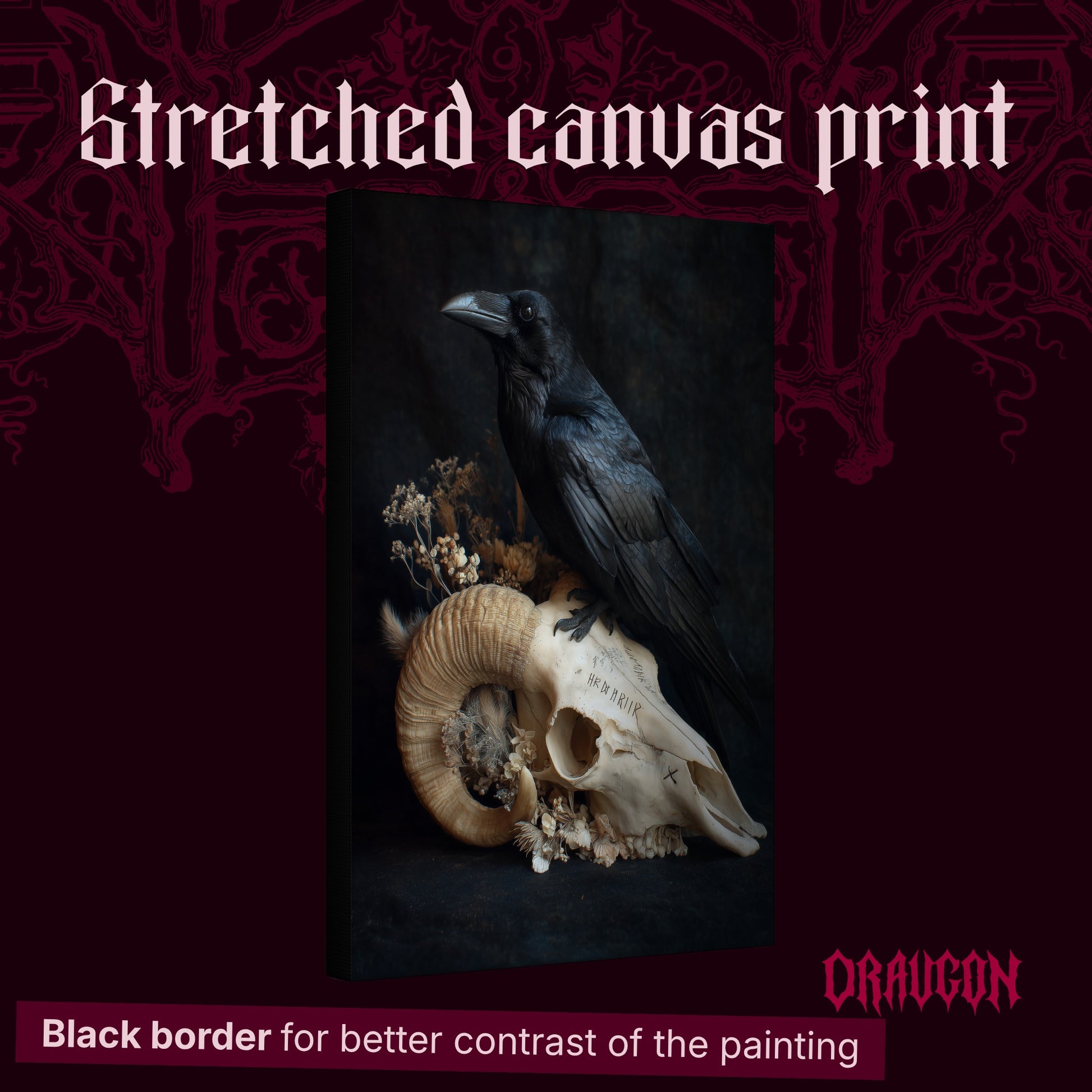 Hel shown as a gallery-wrapped stretched canvas angled to reveal its depth and black border, with the Draugon wordmark and the caption Black border for better contrast of the painting.