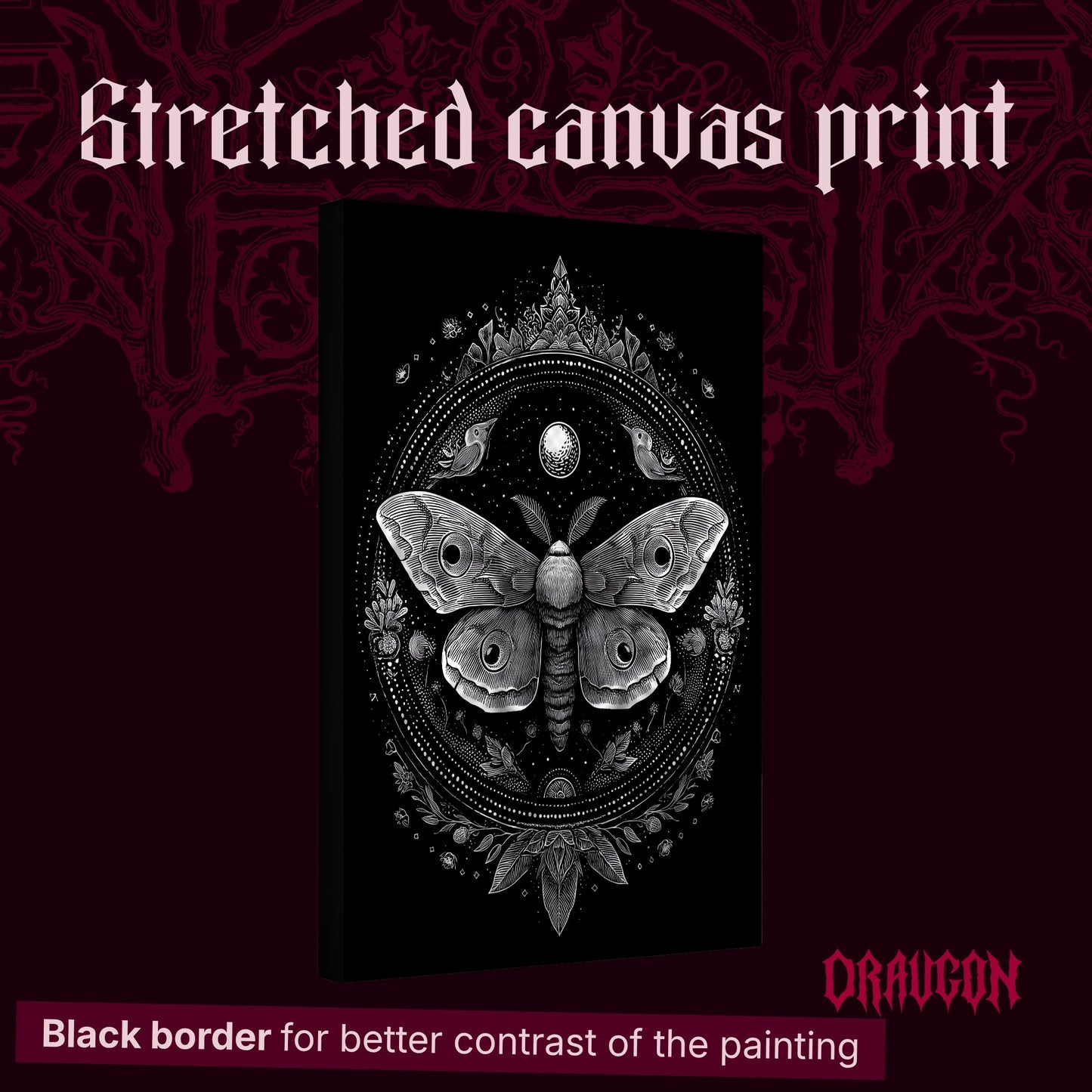 Vespers shown as a gallery-wrapped stretched canvas angled to reveal its depth and black border, with the Draugon wordmark and the caption Black border for better contrast of the painting.