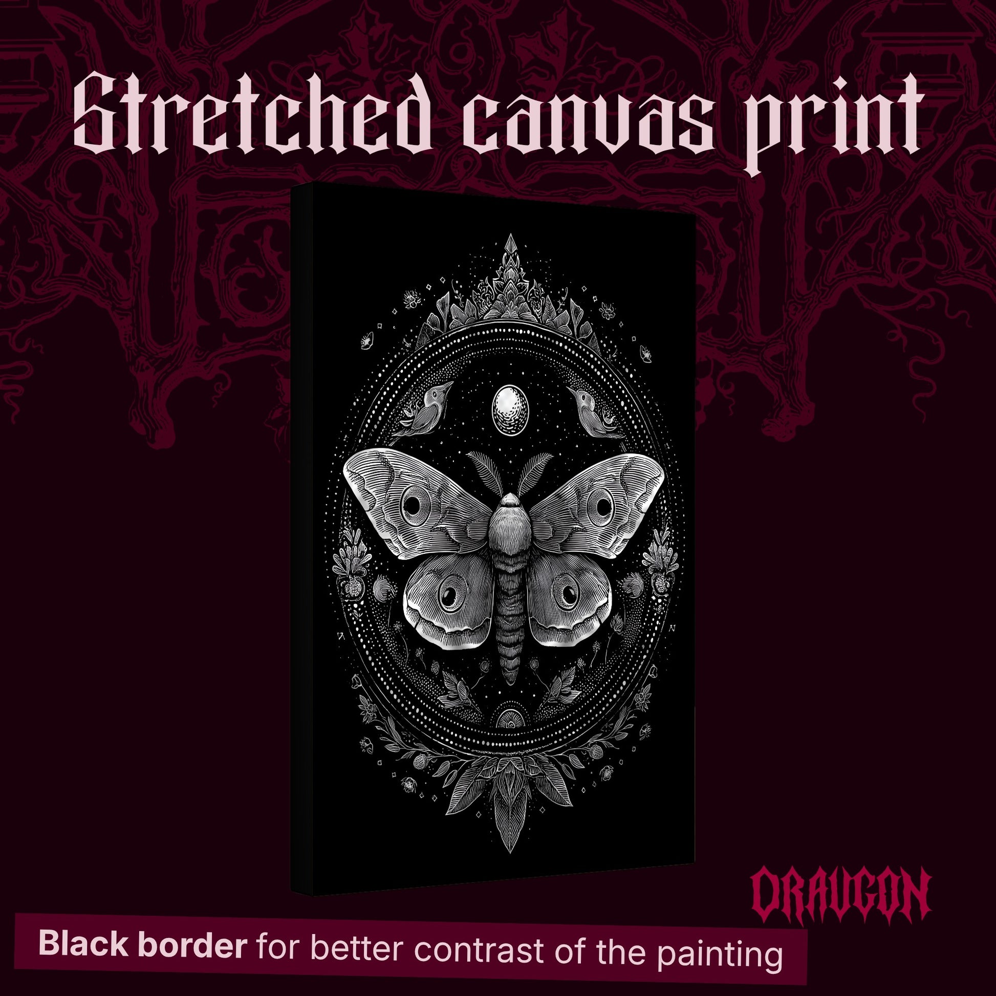 Vespers shown as a gallery-wrapped stretched canvas angled to reveal its depth and black border, with the Draugon wordmark and the caption Black border for better contrast of the painting.
