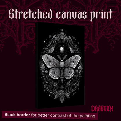 Vespers shown as a gallery-wrapped stretched canvas angled to reveal its depth and black border, with the Draugon wordmark and the caption Black border for better contrast of the painting.
