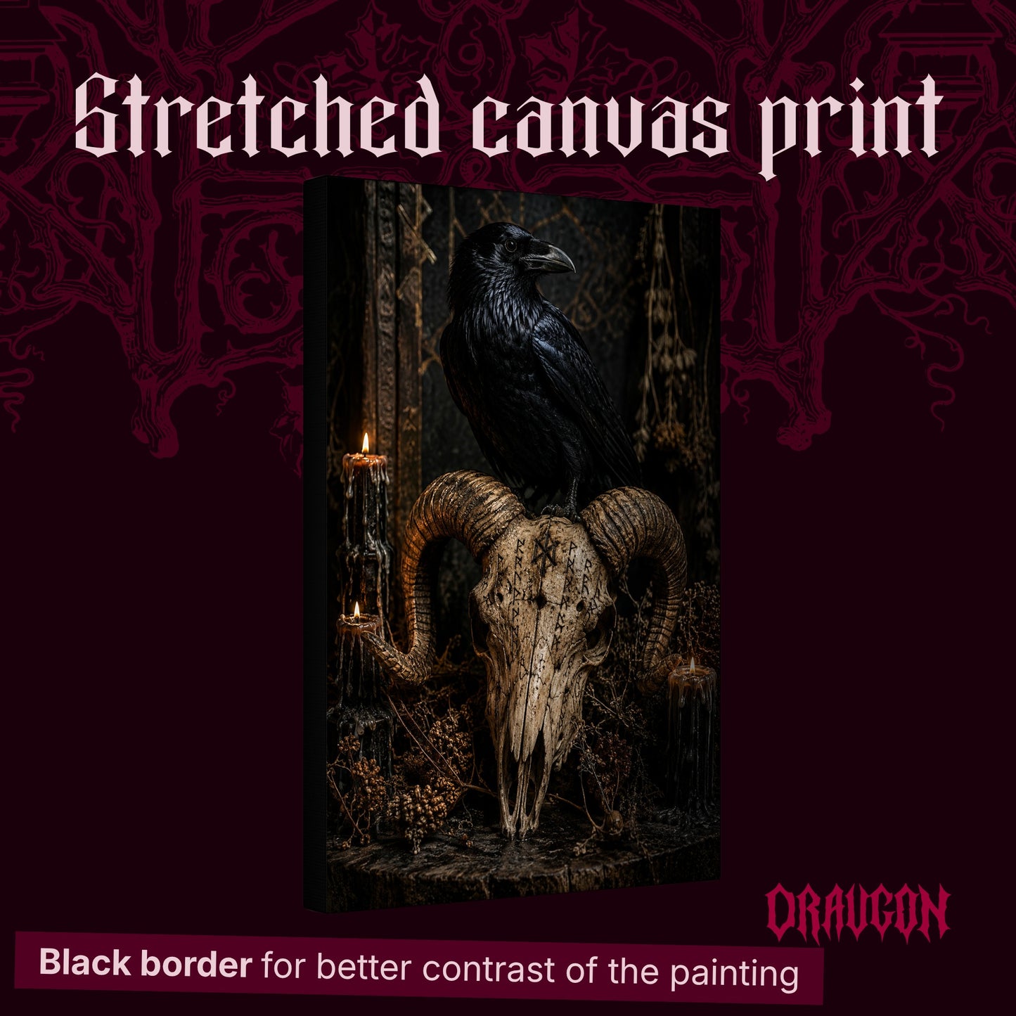 Valravn shown as a gallery-wrapped stretched canvas angled to reveal its depth and black border, with the Draugon wordmark and the caption Black border for better contrast of the painting.