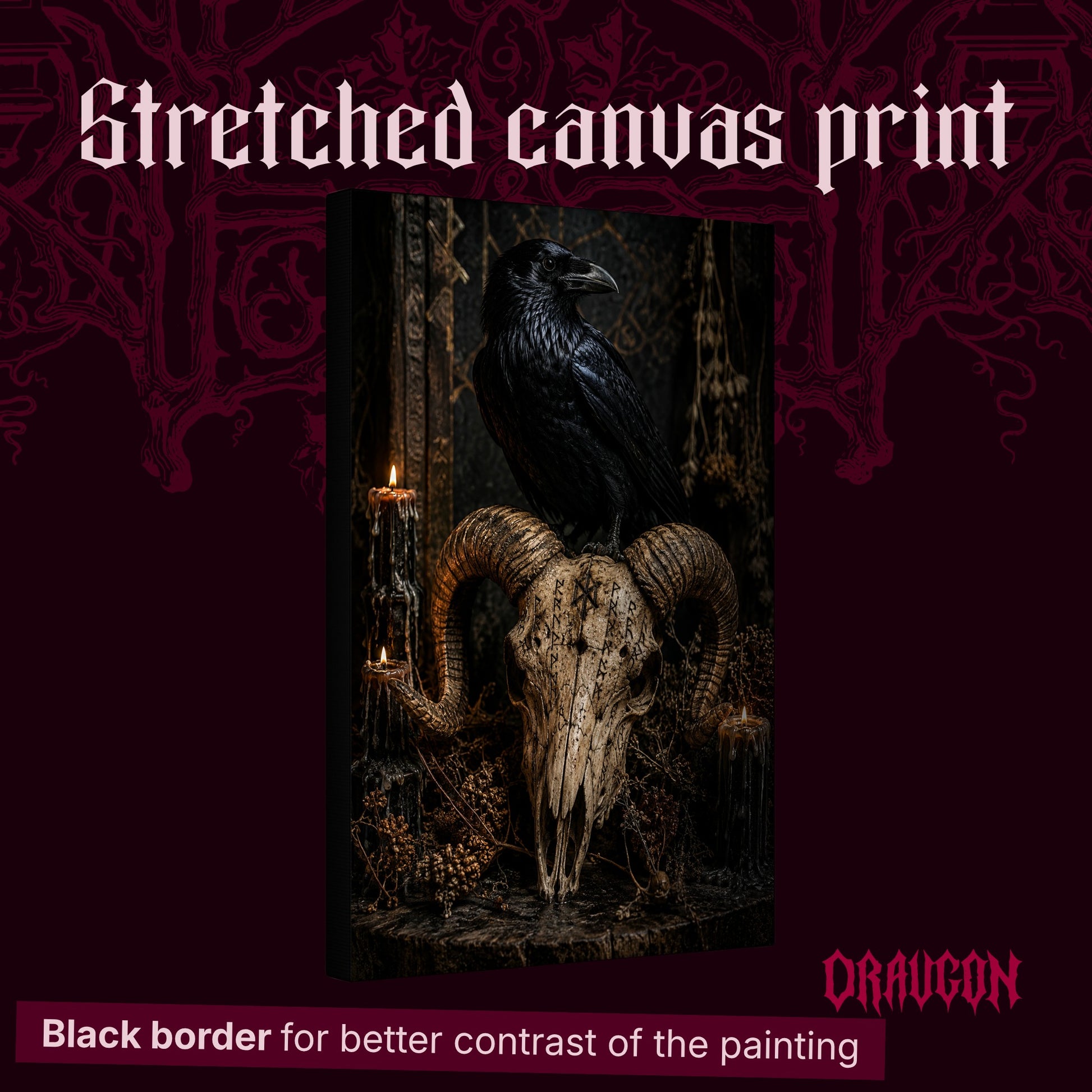 Valravn shown as a gallery-wrapped stretched canvas angled to reveal its depth and black border, with the Draugon wordmark and the caption Black border for better contrast of the painting.
