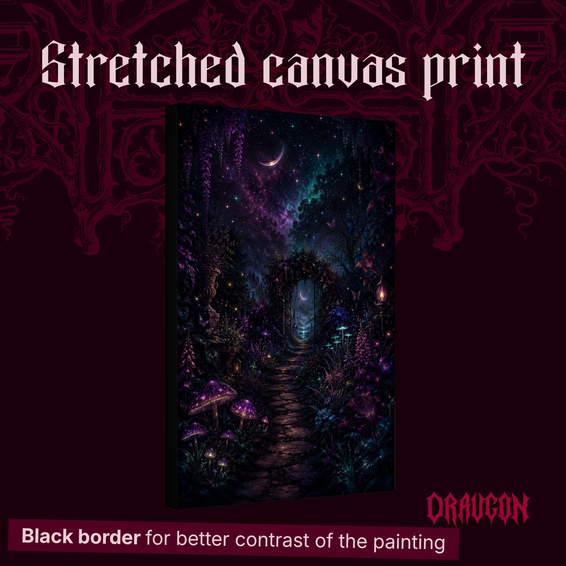 The Midnight Garden shown as a gallery-wrapped stretched canvas angled to reveal its depth and black border, with the Draugon wordmark and the caption Black border for better contrast of the painting.