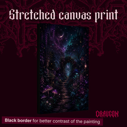 The Midnight Garden shown as a gallery-wrapped stretched canvas angled to reveal its depth and black border, with the Draugon wordmark and the caption Black border for better contrast of the painting.