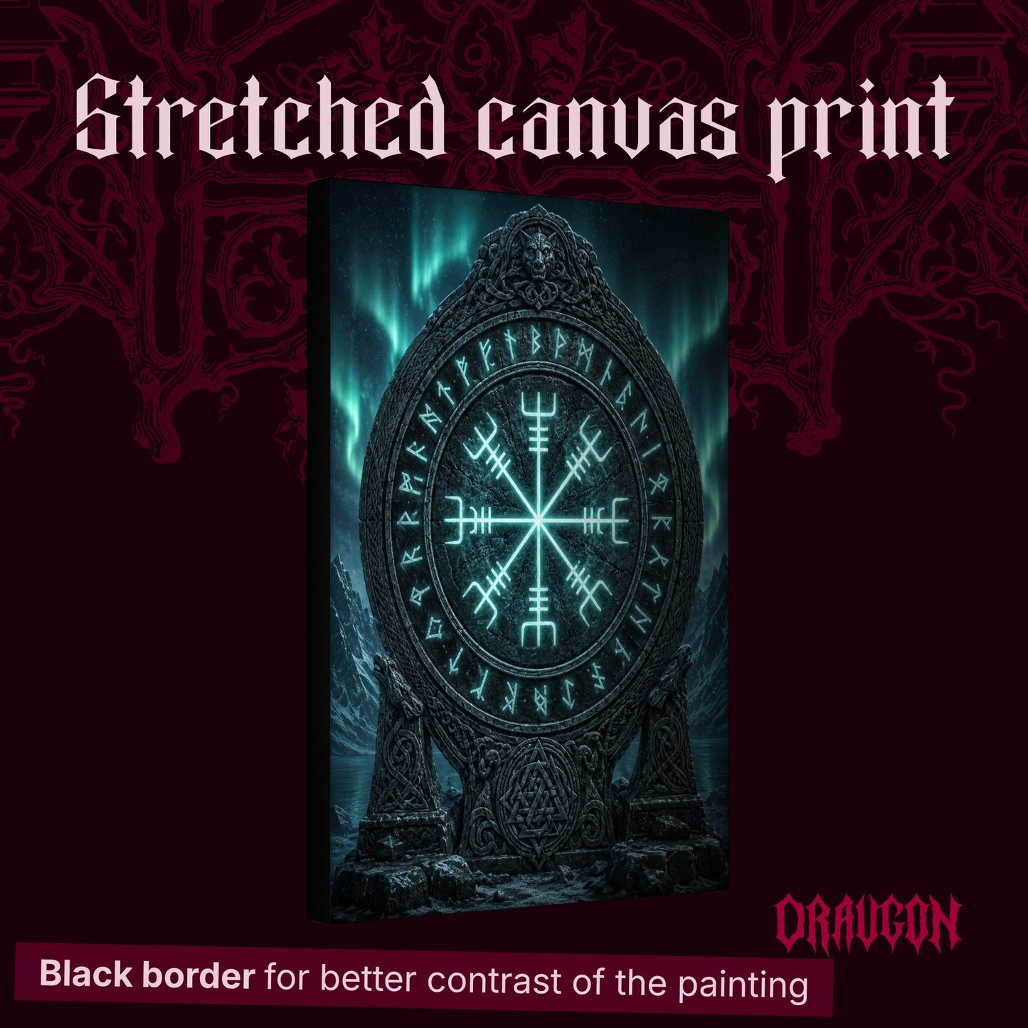 Vegvísir shown as a gallery-wrapped stretched canvas angled to reveal its depth and black border, with the Draugon wordmark and the caption Black border for better contrast of the painting.