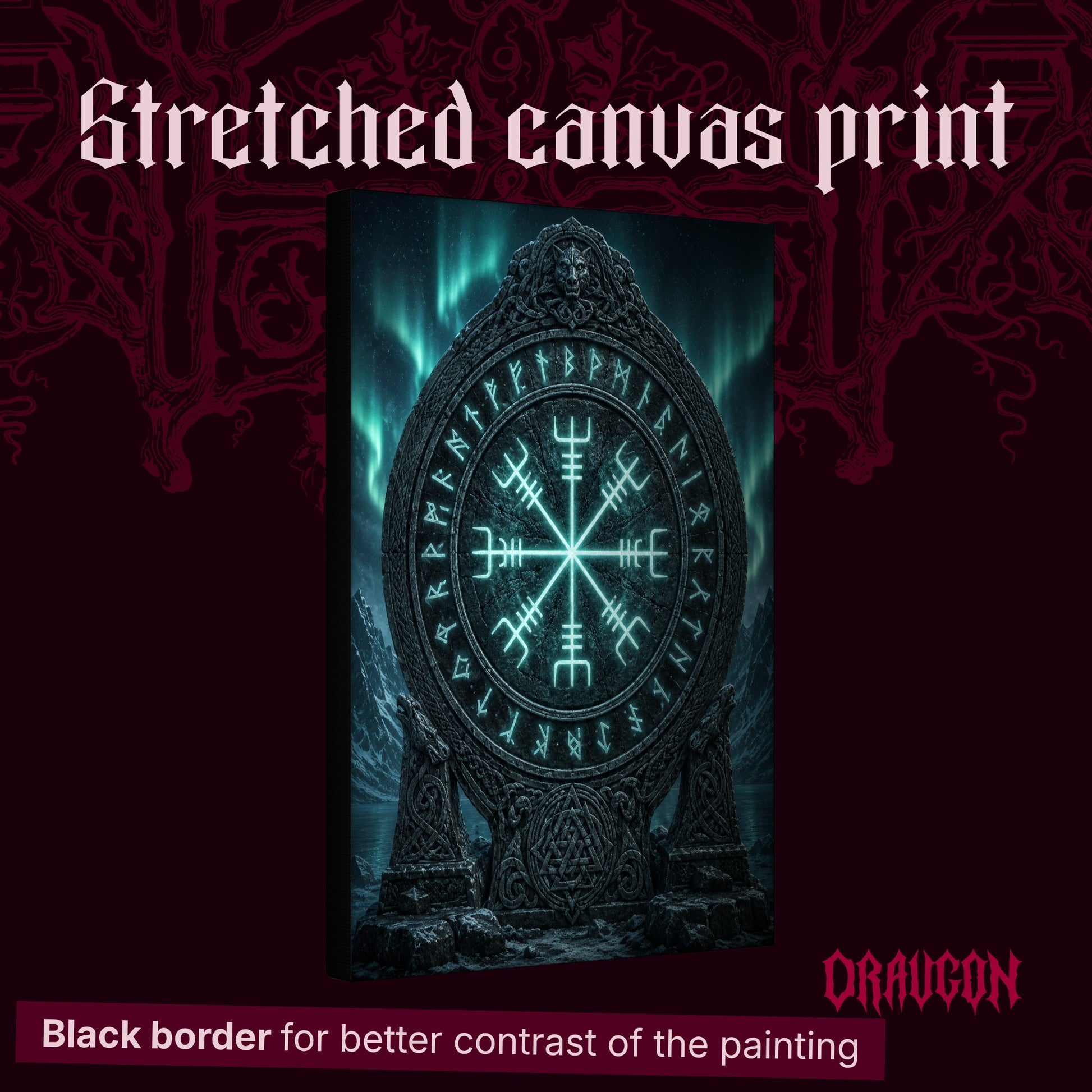 Vegvísir shown as a gallery-wrapped stretched canvas angled to reveal its depth and black border, with the Draugon wordmark and the caption Black border for better contrast of the painting.