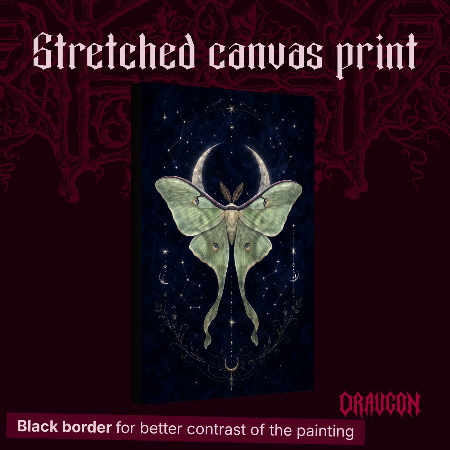Verdigris shown as a gallery-wrapped stretched canvas angled to reveal its depth and black border, with the Draugon wordmark and the caption Black border for better contrast of the painting.