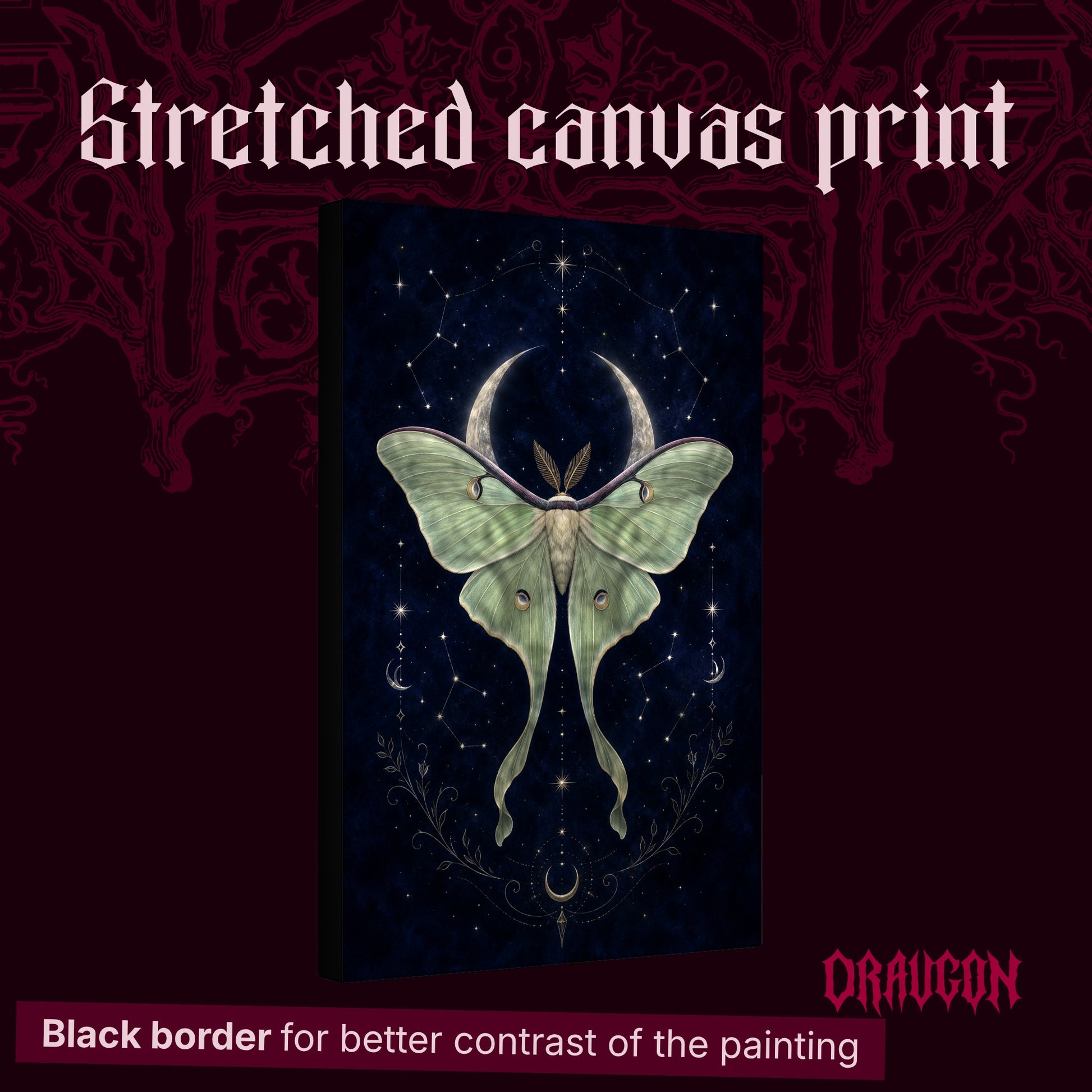 Verdigris shown as a gallery-wrapped stretched canvas angled to reveal its depth and black border, with the Draugon wordmark and the caption Black border for better contrast of the painting.