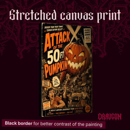 The Pumpkin That Ate Main Street shown as a gallery-wrapped stretched canvas angled to reveal its depth and black border, with the Draugon wordmark and the caption Black border for better contrast of the painting.