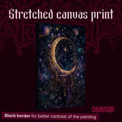 The Crescent Court shown as a gallery-wrapped stretched canvas angled to reveal its depth and black border, with the Draugon wordmark and the caption Black border for better contrast of the painting.