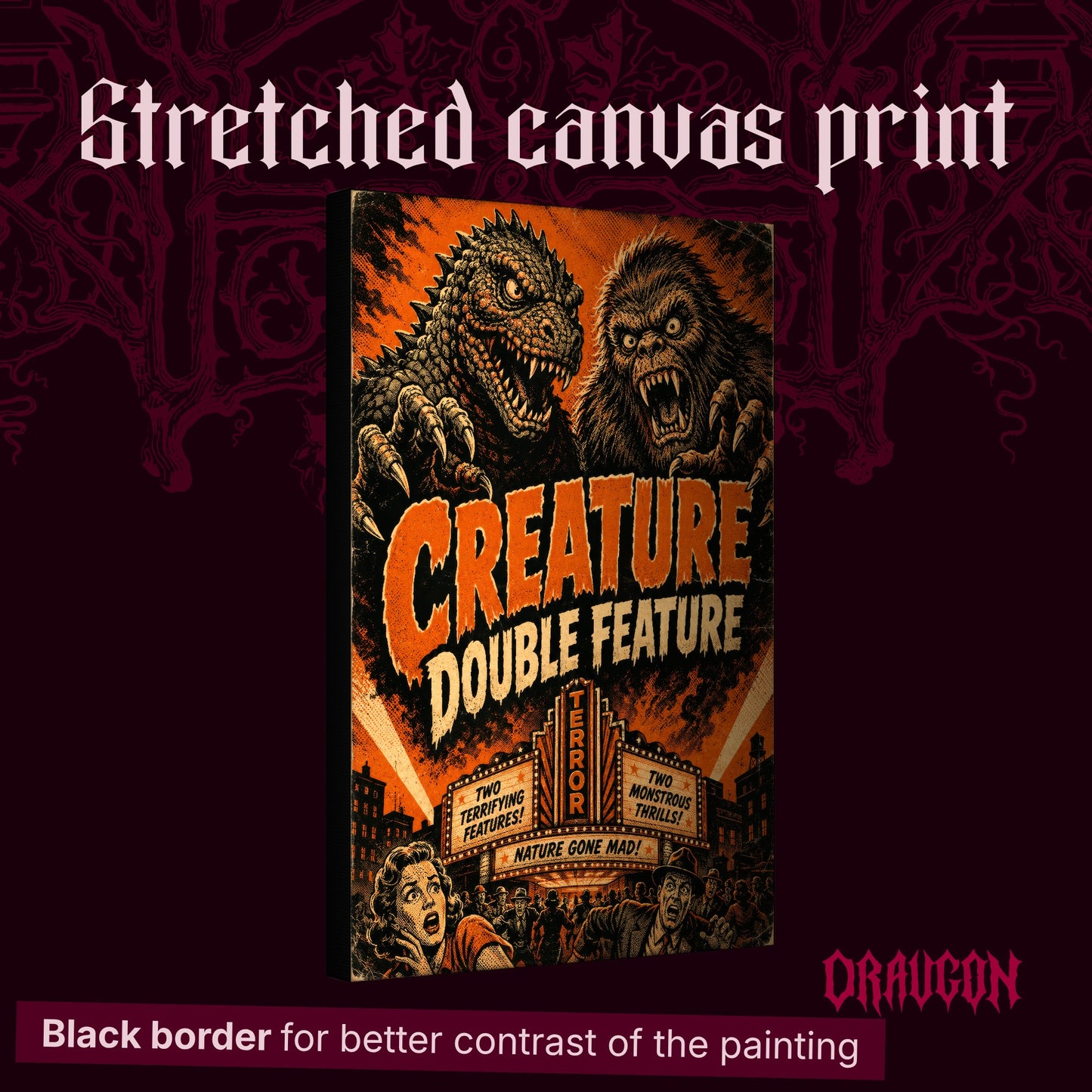 Marquee Mayhem shown as a gallery-wrapped stretched canvas angled to reveal its depth and black border, with the Draugon wordmark and the caption Black border for better contrast of the painting.