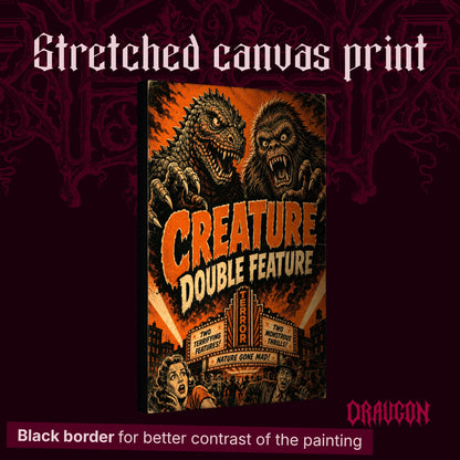 Marquee Mayhem shown as a gallery-wrapped stretched canvas angled to reveal its depth and black border, with the Draugon wordmark and the caption Black border for better contrast of the painting.