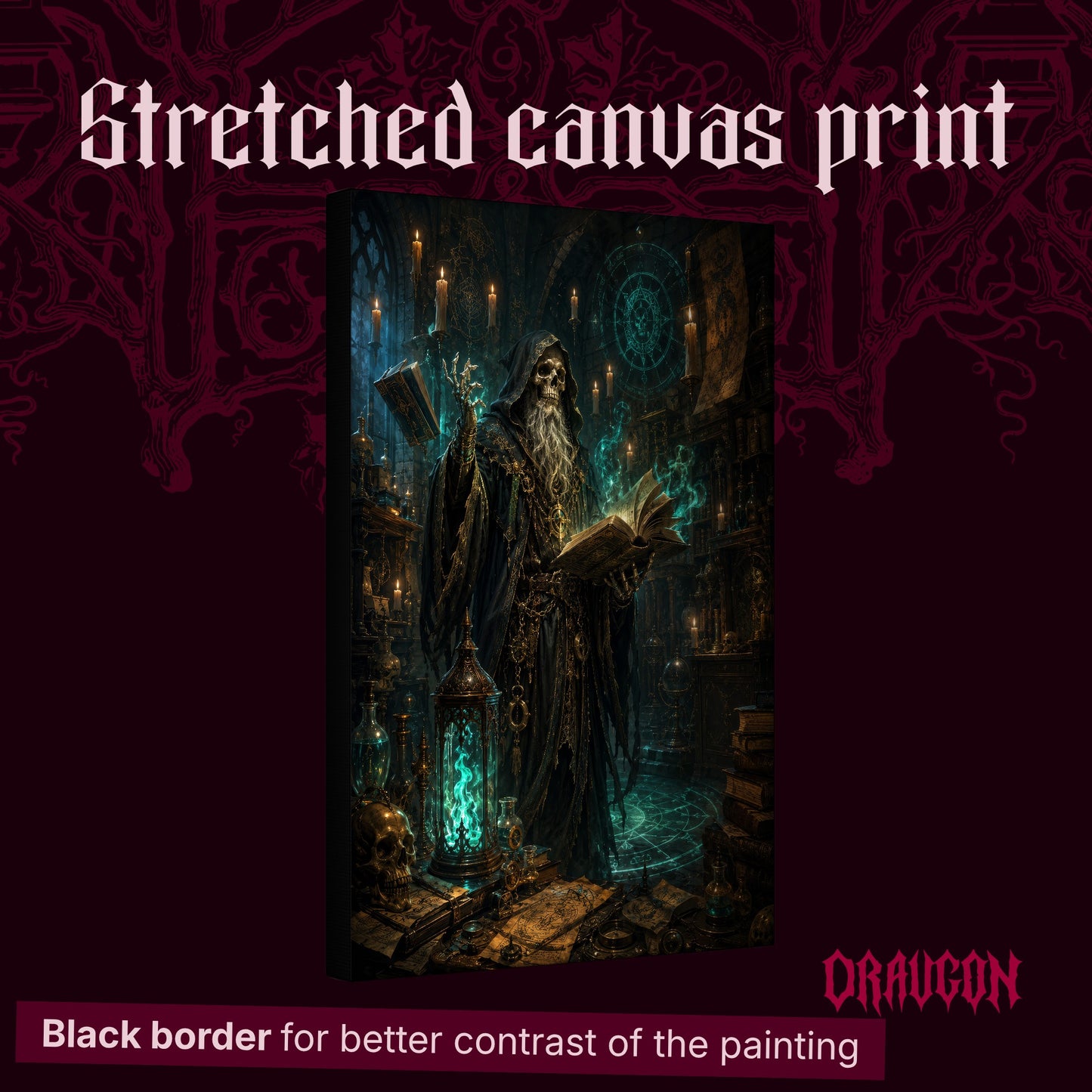 The Hollow Archivist shown as a gallery-wrapped stretched canvas angled to reveal its depth and black border, with the Draugon wordmark and the caption Black border for better contrast of the painting.