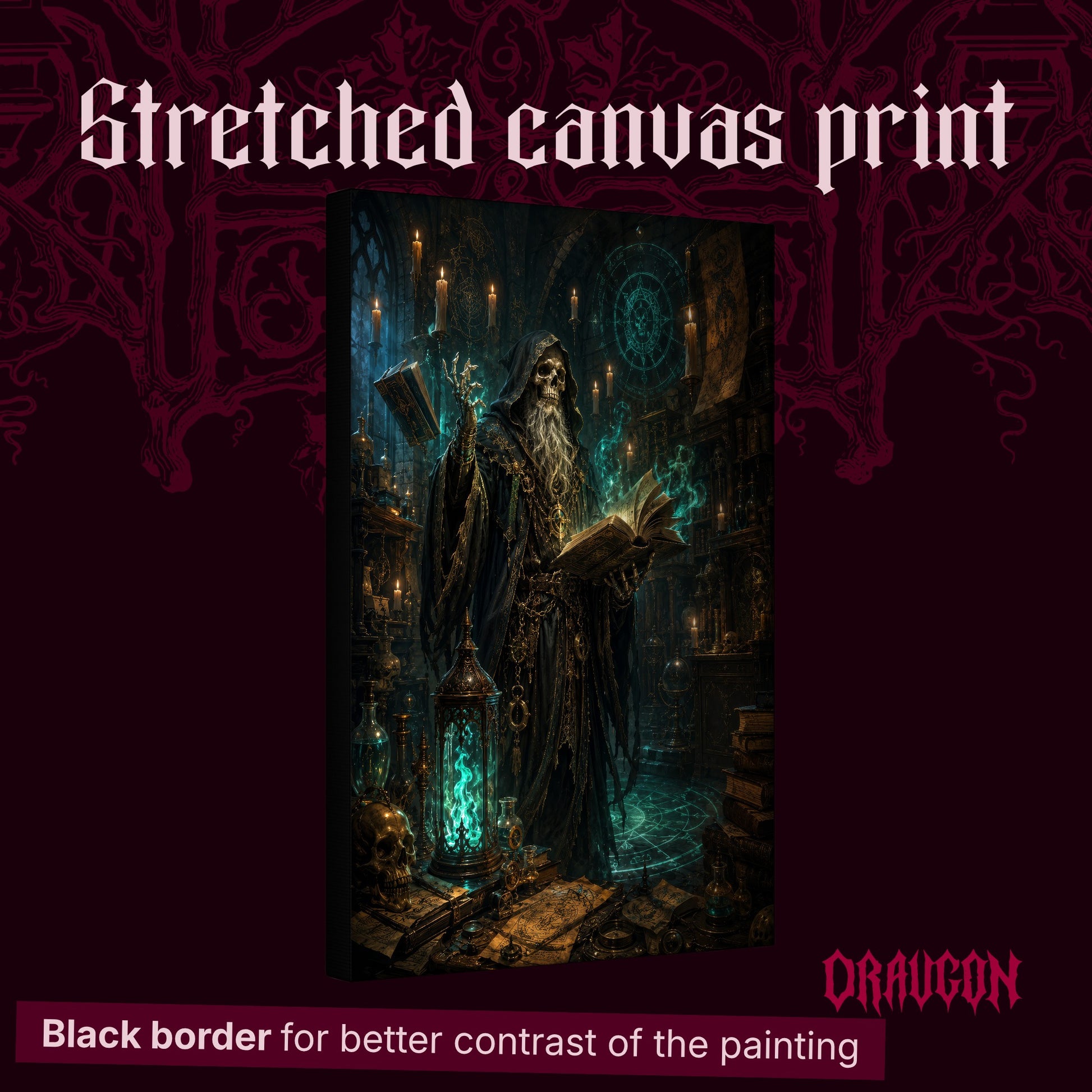 The Hollow Archivist shown as a gallery-wrapped stretched canvas angled to reveal its depth and black border, with the Draugon wordmark and the caption Black border for better contrast of the painting.