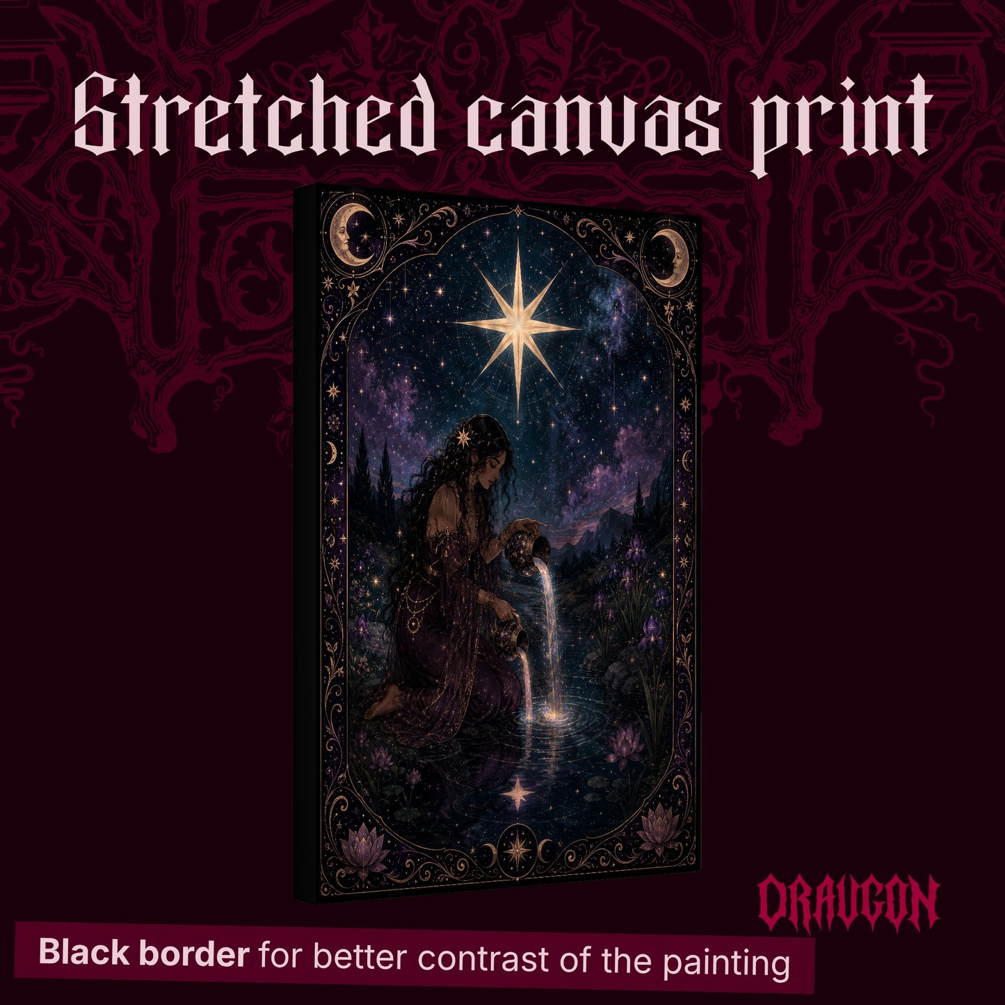 Nocturne Tarot: The Star shown as a gallery-wrapped stretched canvas angled to reveal its depth and black border, with the Draugon wordmark and the caption Black border for better contrast of the painting.