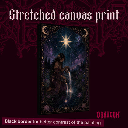 Nocturne Tarot: The Star shown as a gallery-wrapped stretched canvas angled to reveal its depth and black border, with the Draugon wordmark and the caption Black border for better contrast of the painting.