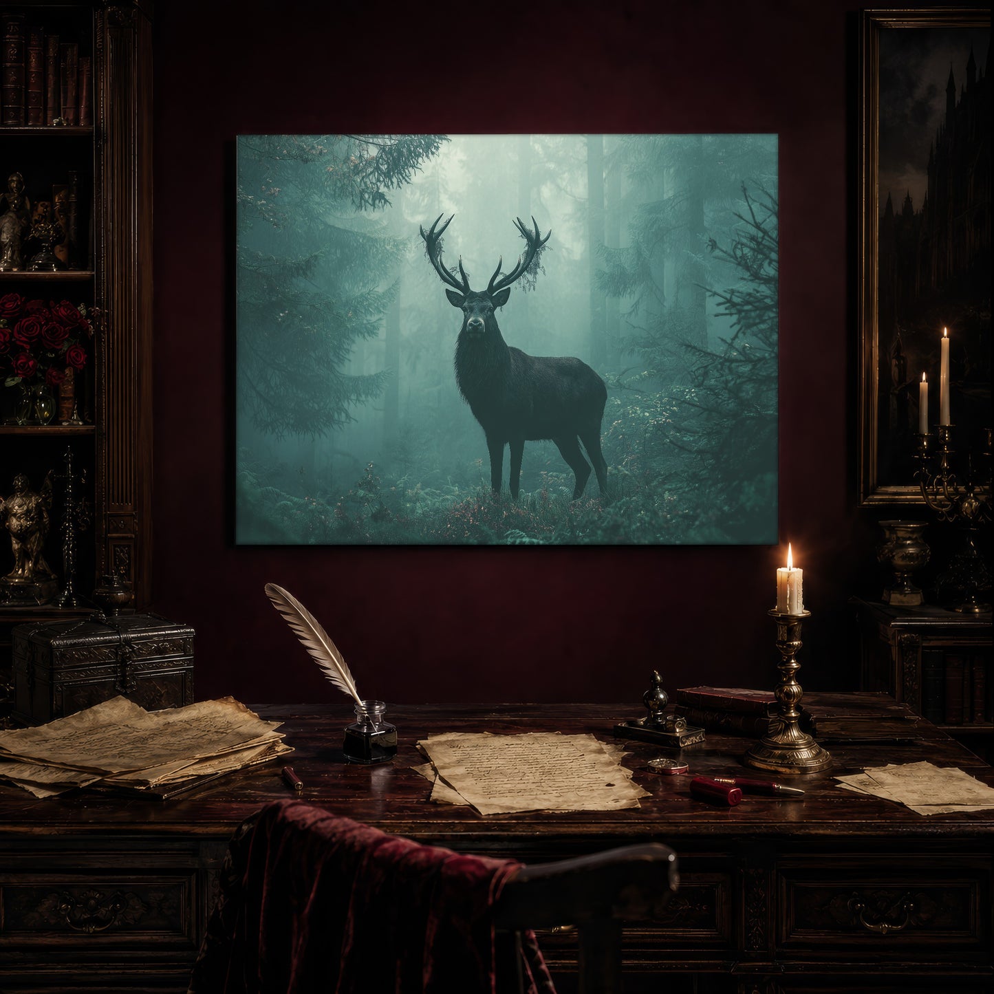The Green Chapel woodland print hanging above an antique writing desk set with a quill in an inkwell, aged manuscript pages, red wax seals and a lit brass candlestick, beside a bookcase holding red roses and a gothic painting to the right.