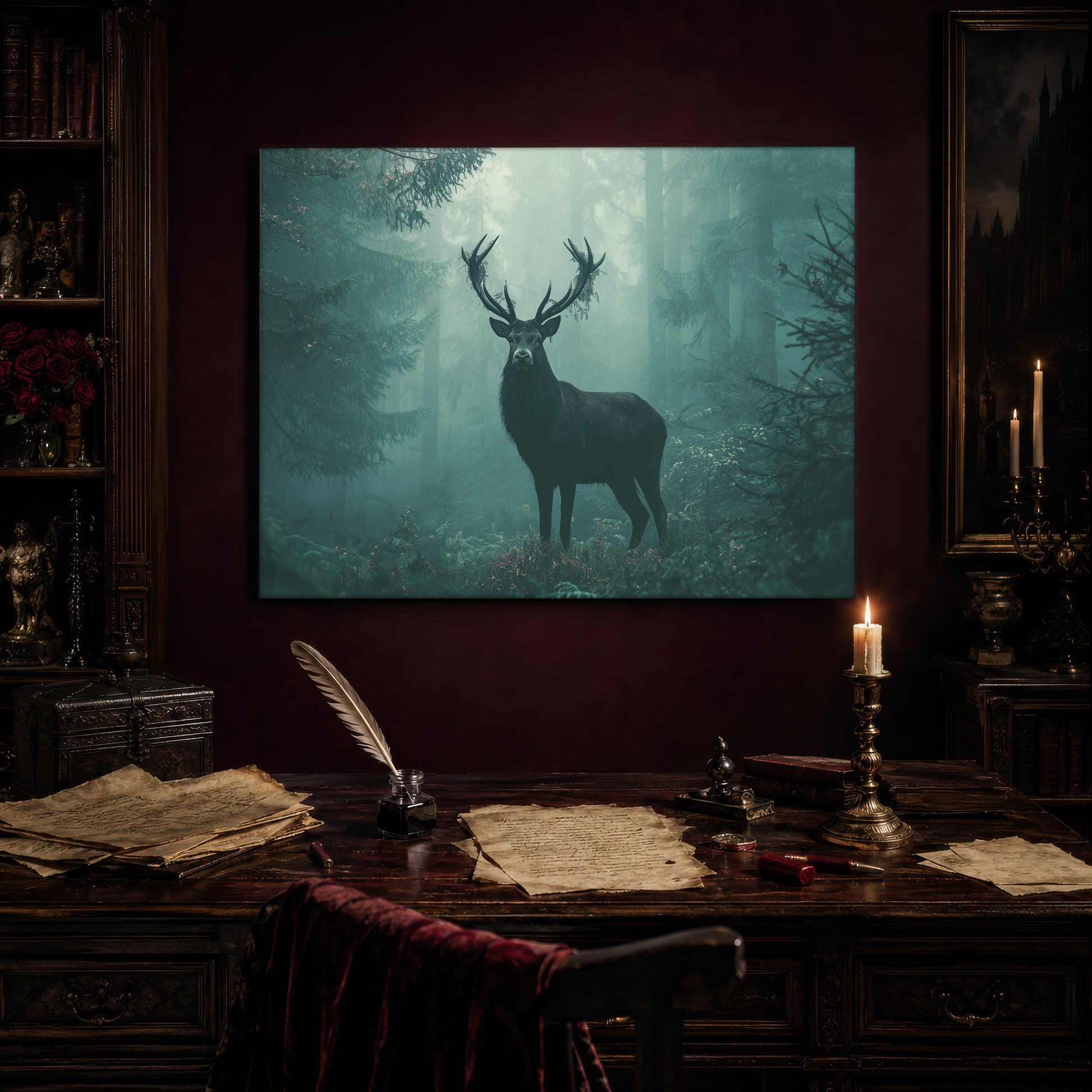 The Green Chapel woodland print hanging above an antique writing desk set with a quill in an inkwell, aged manuscript pages, red wax seals and a lit brass candlestick, beside a bookcase holding red roses and a gothic painting to the right.