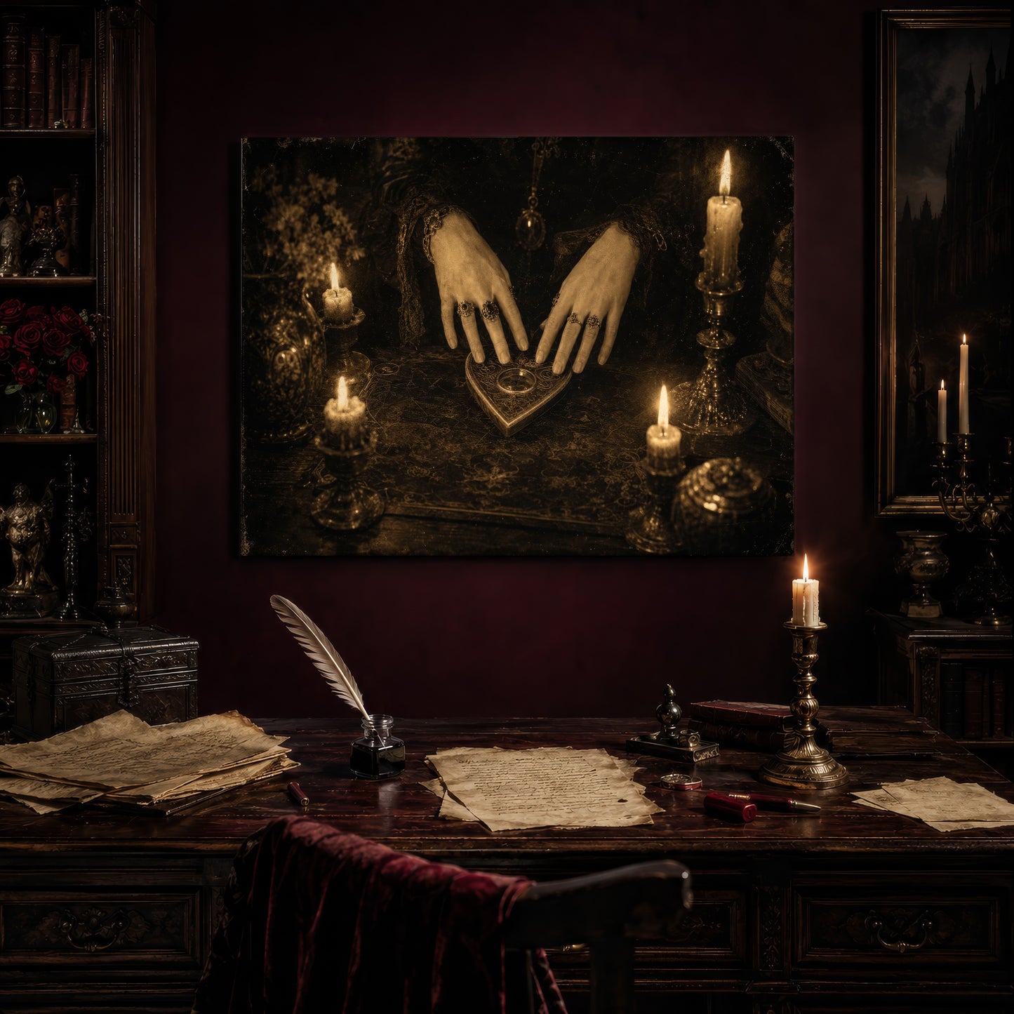 Midnight Communion canvas hanging above an antique writing desk set with a quill in an inkwell, aged handwritten letters, red wax seals, and a lit brass candlestick, flanked by a dark bookcase of gargoyle figurines and a vase of red roses.