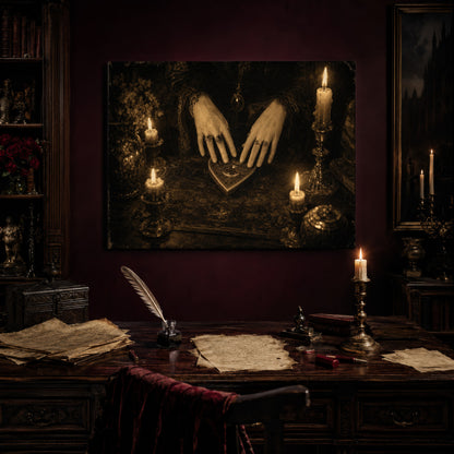 Midnight Communion canvas hanging above an antique writing desk set with a quill in an inkwell, aged handwritten letters, red wax seals, and a lit brass candlestick, flanked by a dark bookcase of gargoyle figurines and a vase of red roses.