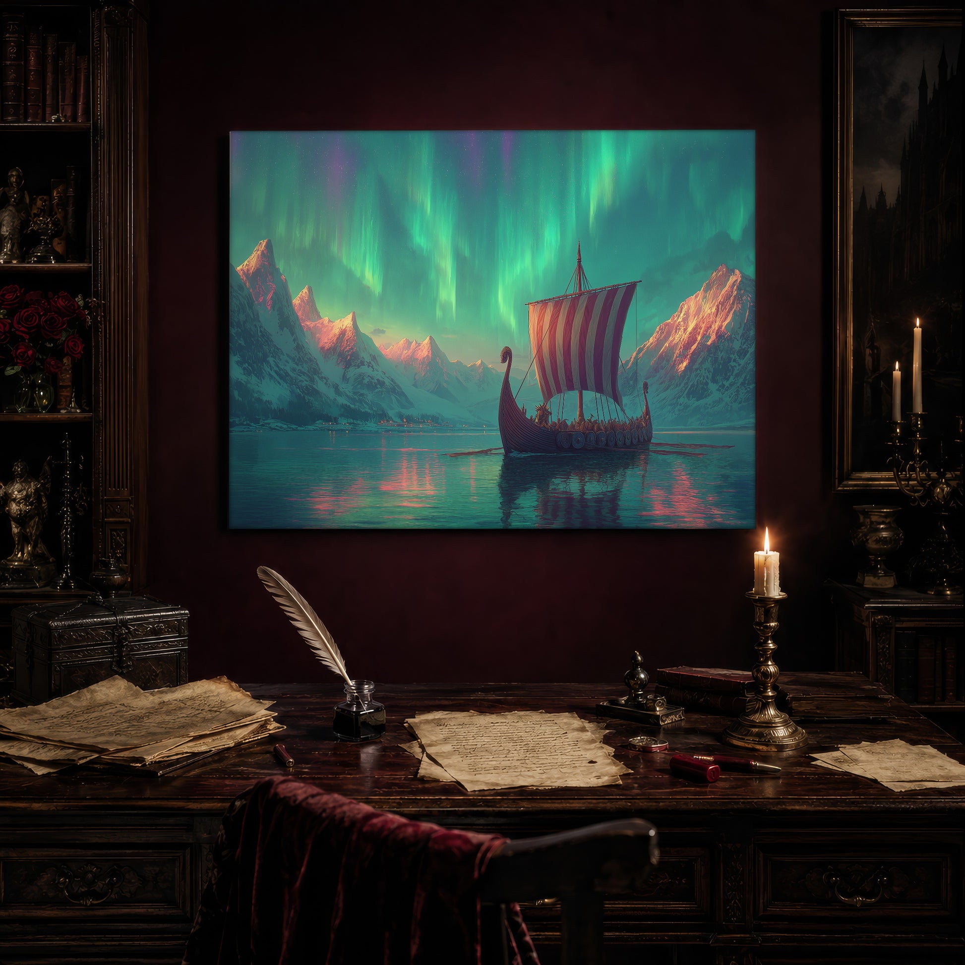 Vinland print hanging above an antique writing desk set with a quill in an inkwell, aged manuscript pages, red wax seals and a lit brass candlestick, beside a bookcase holding red roses and a gothic painting to the right.