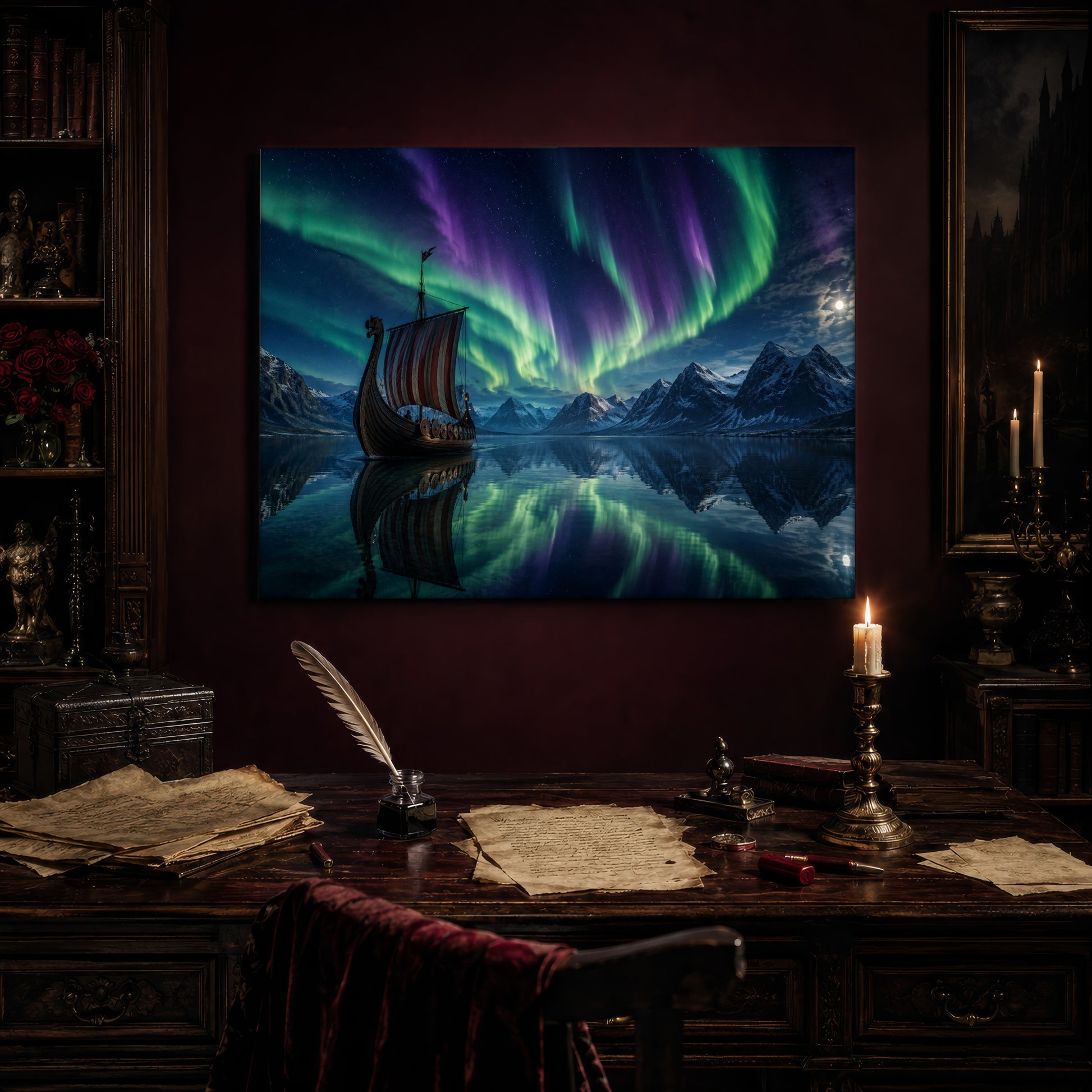 Drakkar print hanging above an antique writing desk set with a quill in an inkwell, aged manuscript pages, red wax seals and a lit brass candlestick, beside a bookcase holding red roses and a gothic painting to the right.