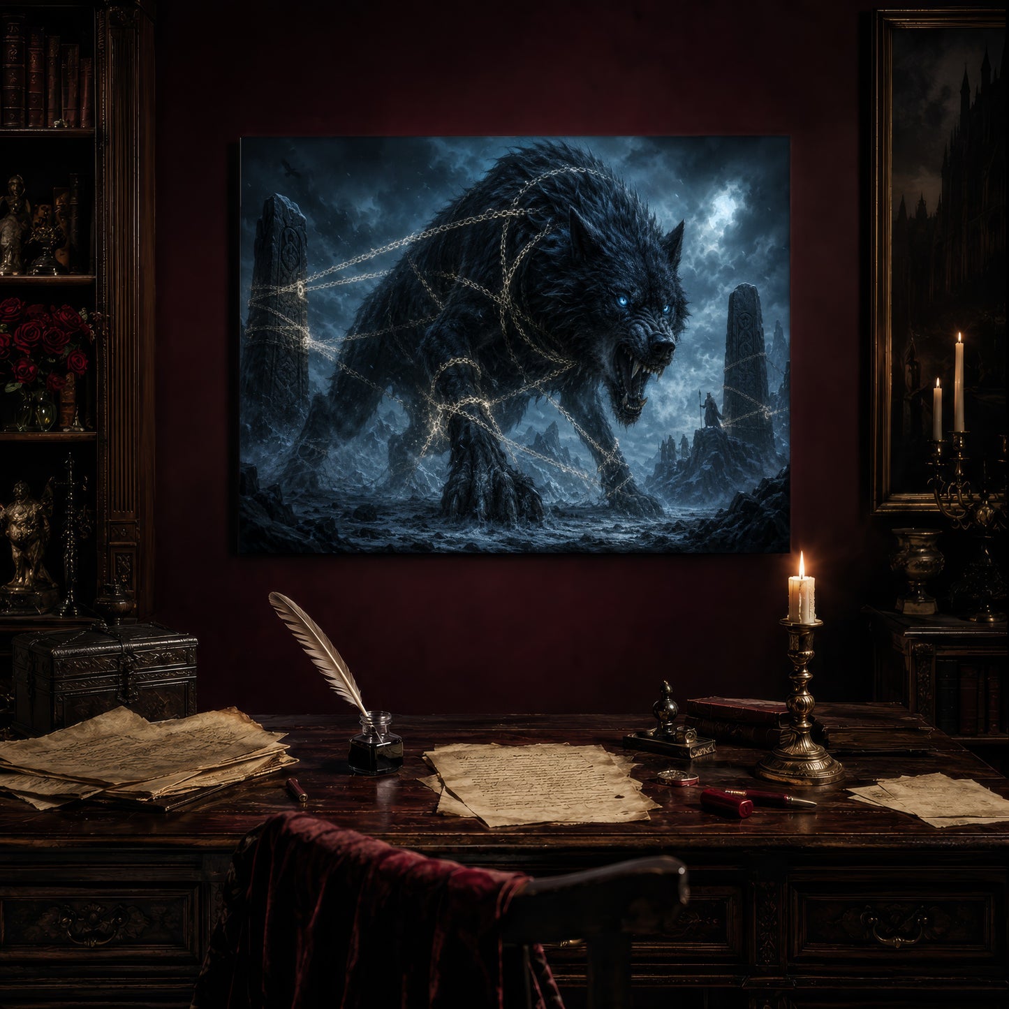 Fenrir print hanging above an antique writing desk set with a quill in an inkwell, aged manuscript pages, red wax seals and a lit brass candlestick, beside a bookcase holding red roses and a gothic painting to the right.