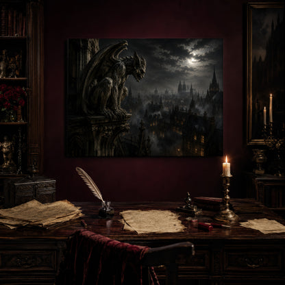 Nightwatch print hanging above an antique writing desk set with a quill in an inkwell, aged manuscript pages, red wax seals and a lit brass candlestick, beside a bookcase holding red roses and a gothic painting to the right.
