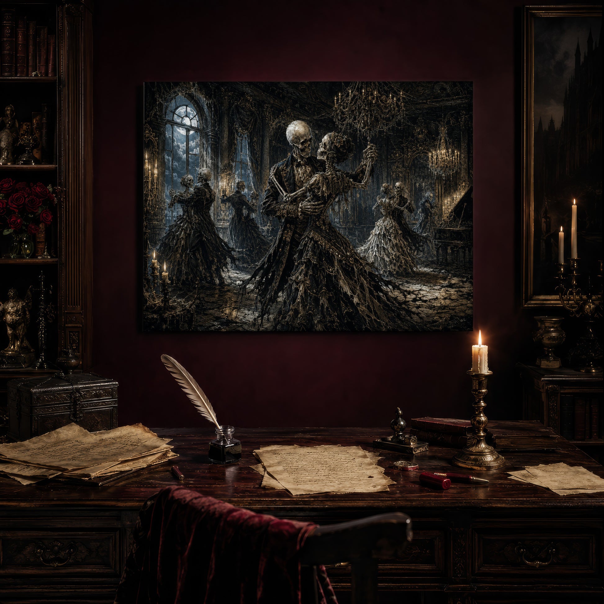 The Last Waltz print hanging above an antique writing desk set with a quill in an inkwell, aged manuscript pages, red wax seals and a lit brass candlestick, beside a bookcase holding red roses and a gothic painting to the right.
