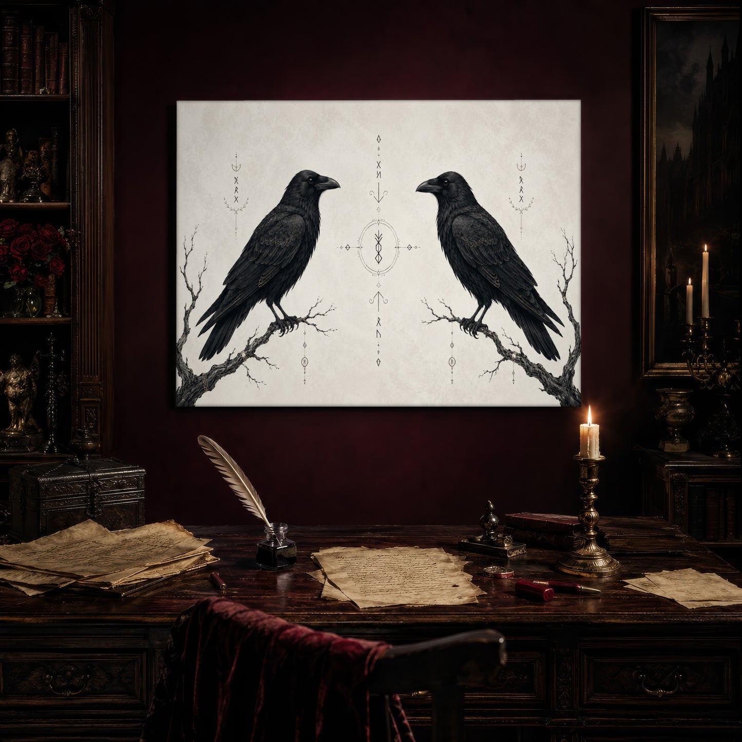 Huginn & Muninn print hanging above an antique writing desk set with a quill in an inkwell, aged manuscript pages, red wax seals and a lit brass candlestick, beside a bookcase holding red roses and a gothic painting to the right.