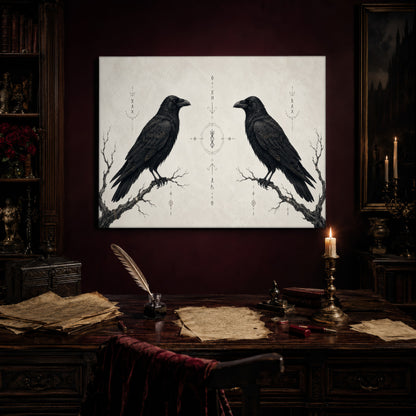 Huginn & Muninn print hanging above an antique writing desk set with a quill in an inkwell, aged manuscript pages, red wax seals and a lit brass candlestick, beside a bookcase holding red roses and a gothic painting to the right.