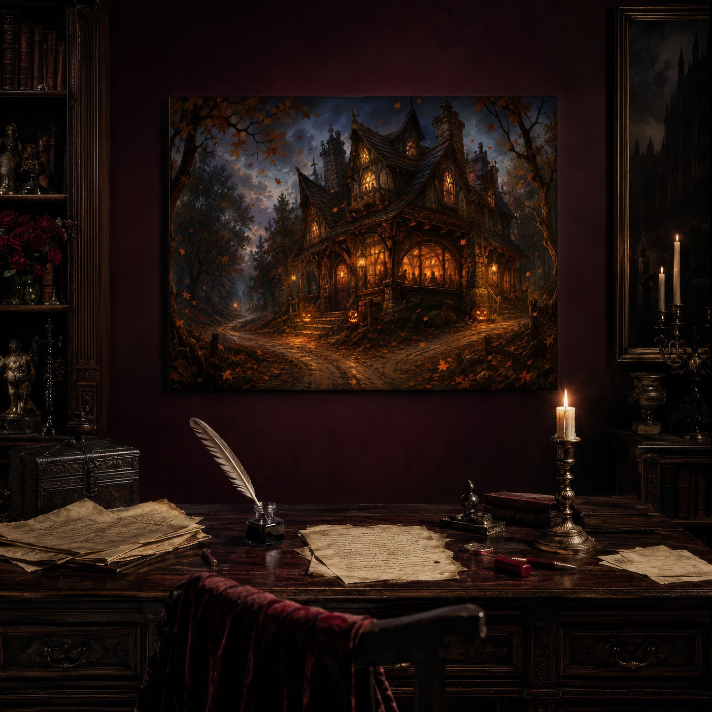 Lantern's End Inn print hanging above an antique carved writing desk set with a quill in an inkwell, aged letters, red wax seals and a lit brass candlestick, beside a dark bookcase and a gilt-framed Victorian portrait.