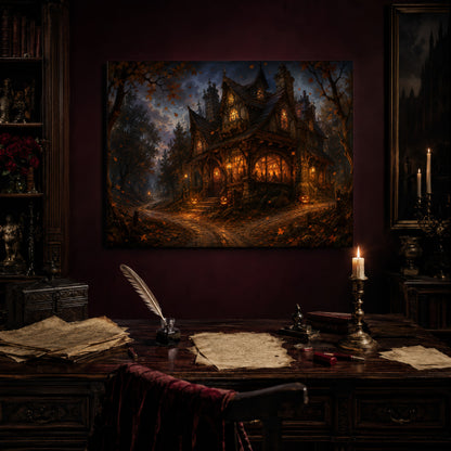 Lantern's End Inn print hanging above an antique carved writing desk set with a quill in an inkwell, aged letters, red wax seals and a lit brass candlestick, beside a dark bookcase and a gilt-framed Victorian portrait.