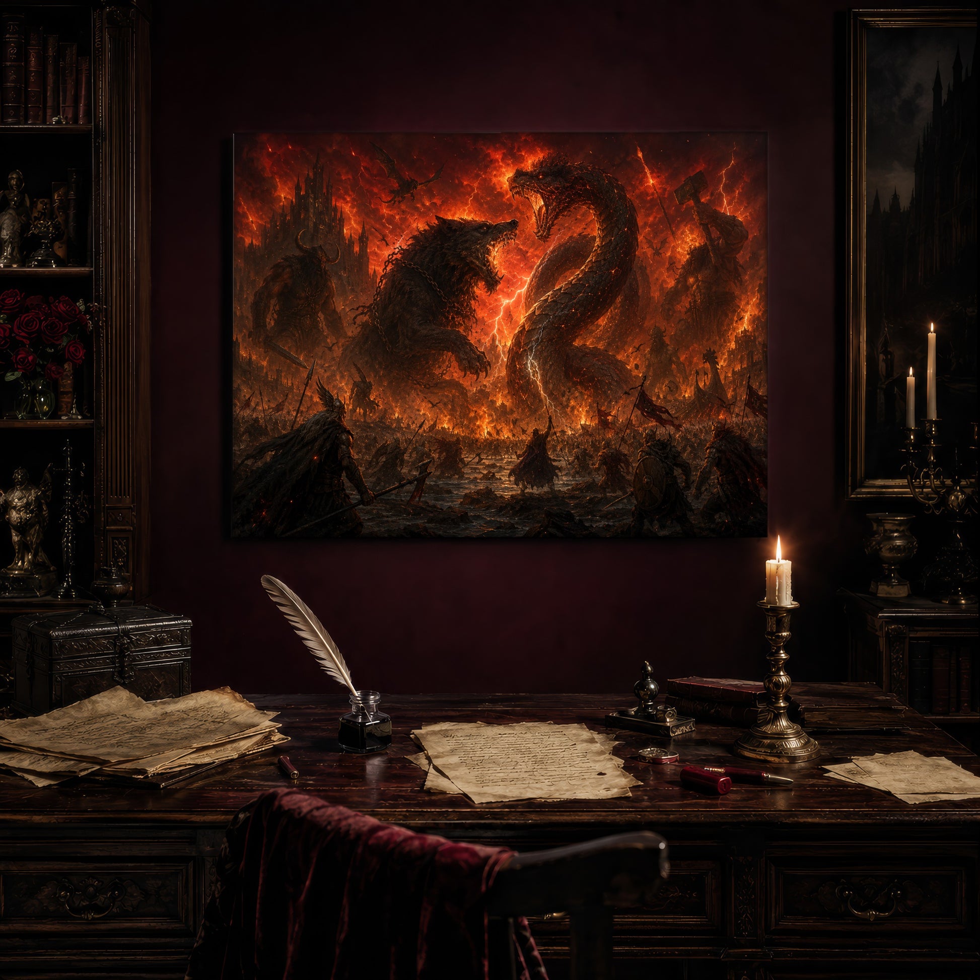 Twilight of the Gods print hanging above an antique writing desk set with a quill in an inkwell, aged manuscript pages, red wax seals and a lit brass candlestick, beside a bookcase holding red roses and a gothic painting to the right.