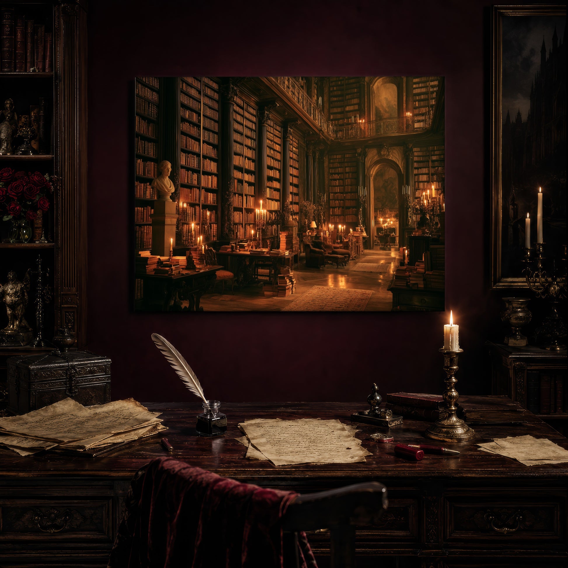 The Long Gallery print hanging above an antique writing desk set with a quill in an inkwell, aged manuscript pages, red wax seals and a lit brass candlestick, beside a bookcase holding red roses and a gothic painting to the right.